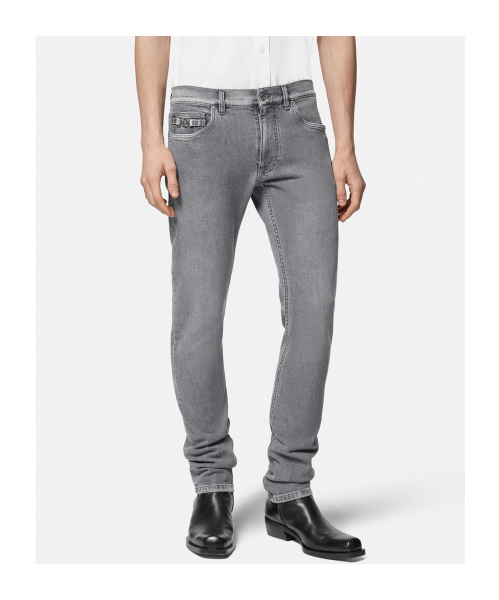 Versace Logo-patch Skinny Jeans In Gray