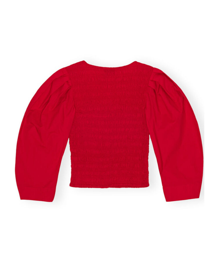 Ganni Smocked Poplin Blouse In Red