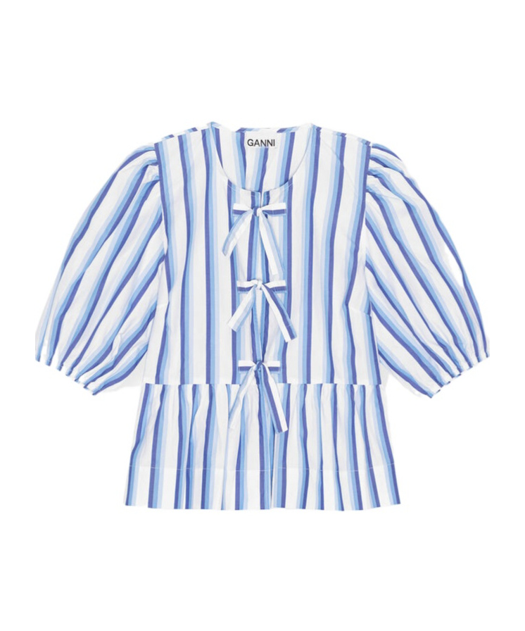 Ganni Blue Striped Cotton Poplin Peplum Tie Blouse