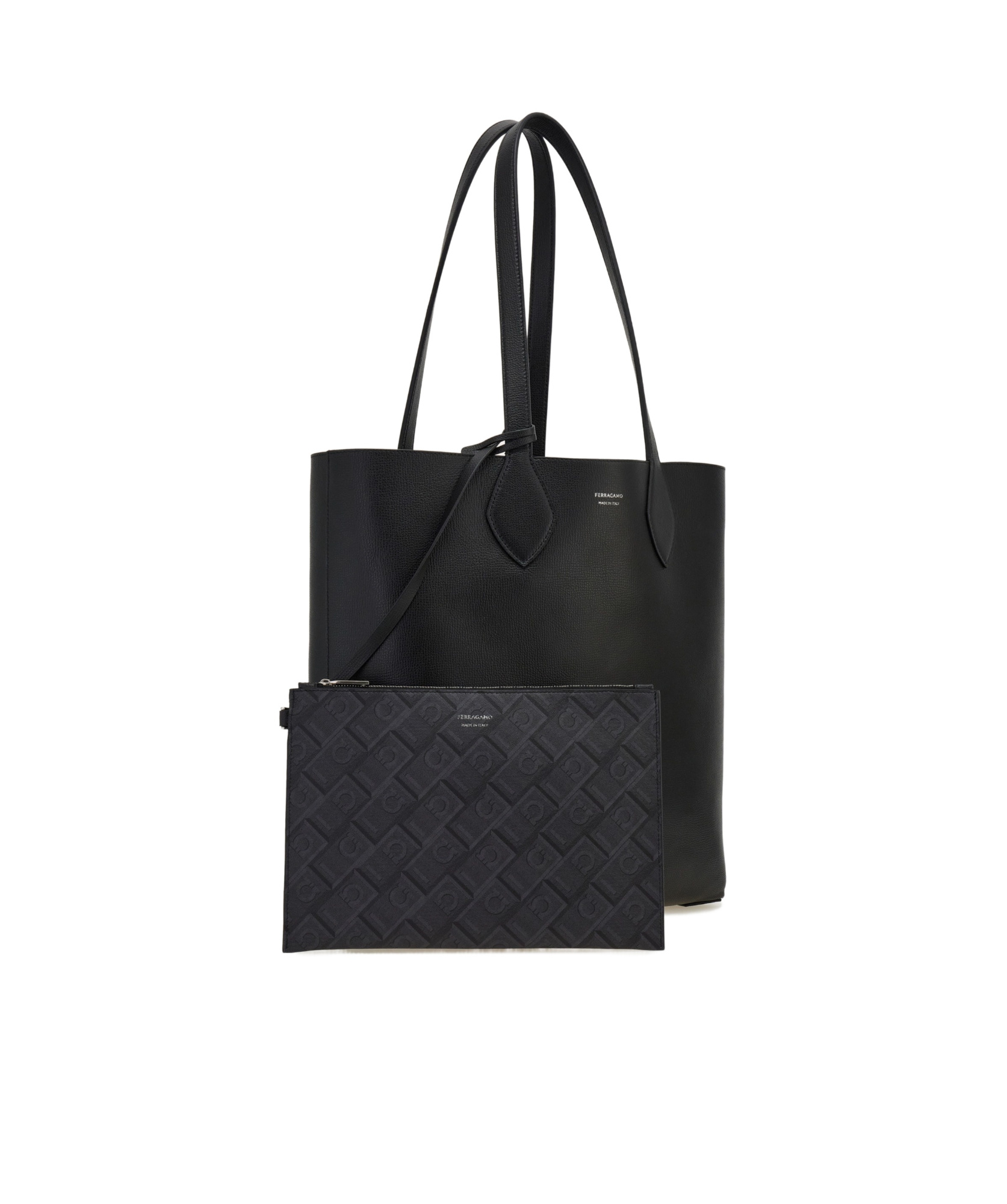 Ferragamo Grained Leather Tote Bag Textured Finish In Black/grey