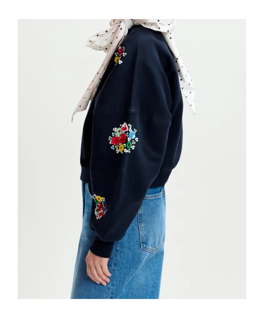 Essentiel Antwerp Navy And Multicolor Cotton Sweatshirt With Floral Sequin And Bead-embellished Embroideries In Black