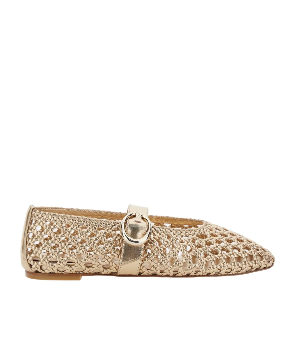 Stuart Weitzman Lace-up Woven Leather Ballerina In Gold