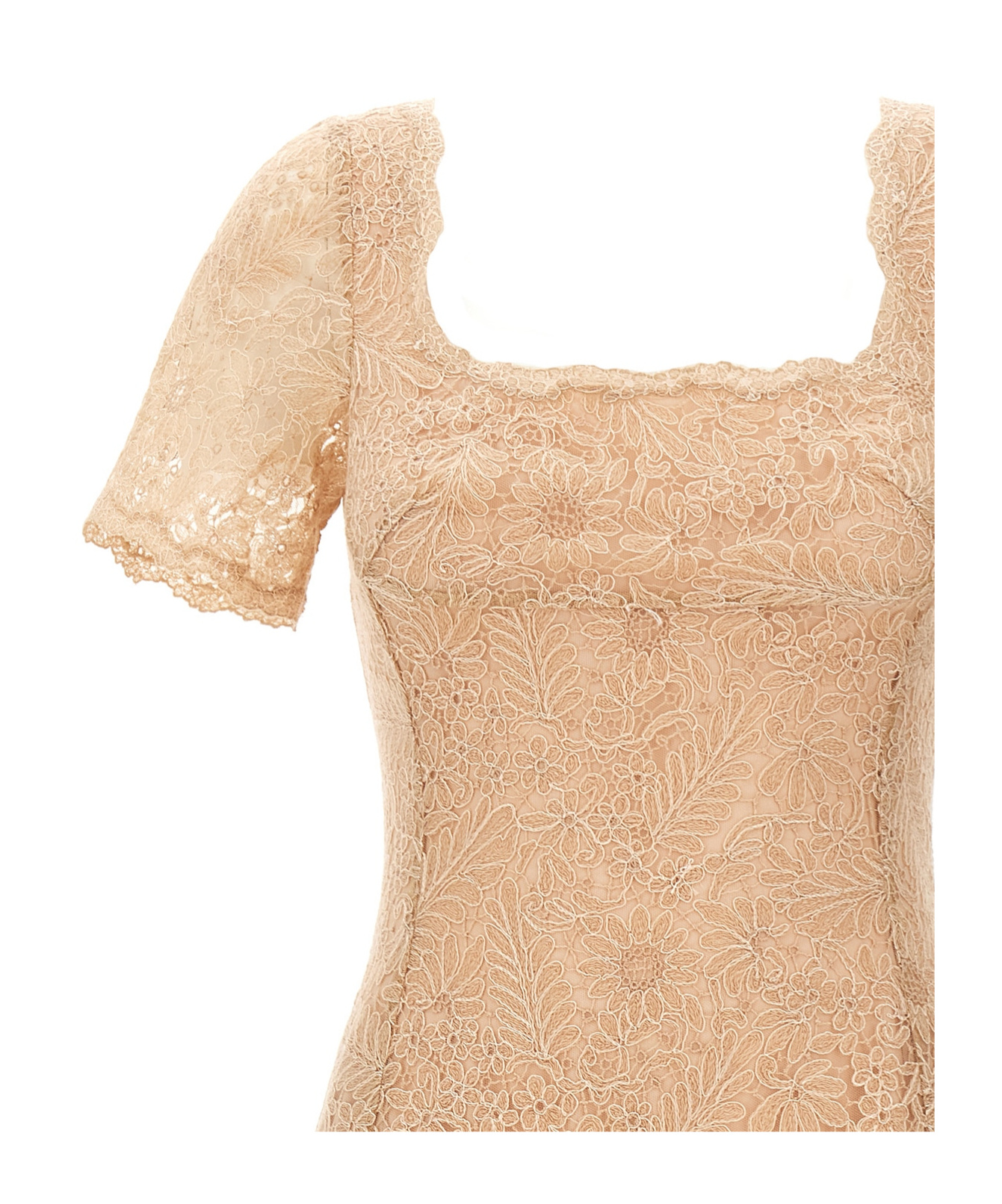 Ermanno Scervino Floral Lace Midi Dress With Square Neckline In Nude
