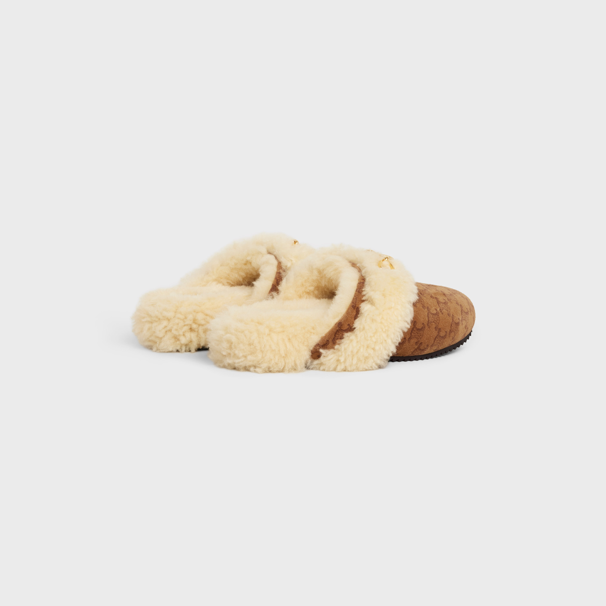 CELINE CELINE FUR SLIDES TRIOMPHE CLOSED SLIPPER IN SUEDE CALFSKIN AND SHEARLING
