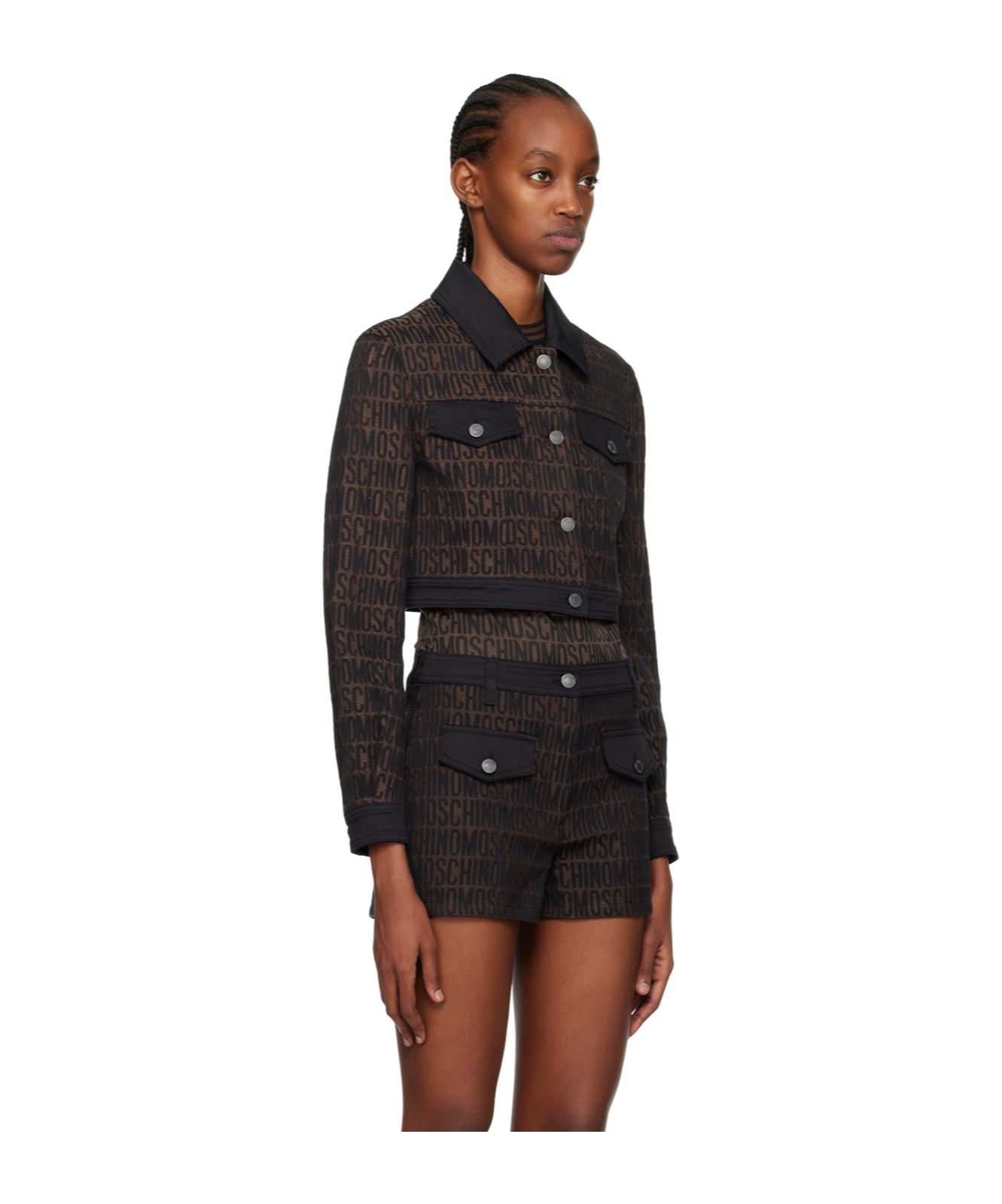 Moschino Monogram Printed Cropped Buttoned Jacket In Black