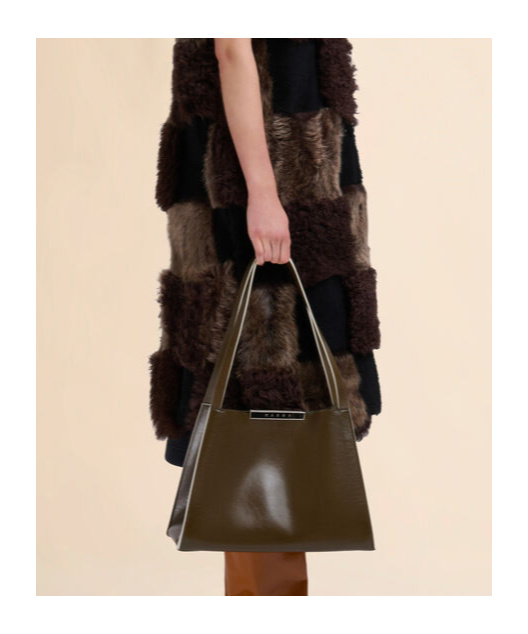 Marni Deep Green Leather Cresta E/w Small Tote Bag In Green
