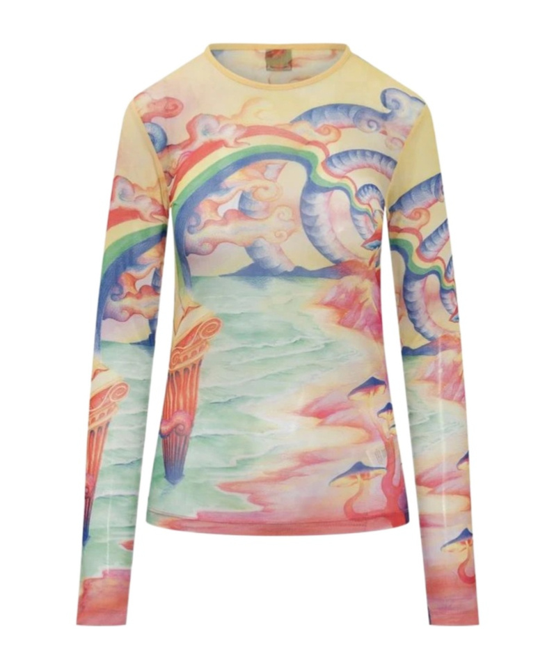 Casablanca Crewneck Mesh Top Graphic Print In Nude