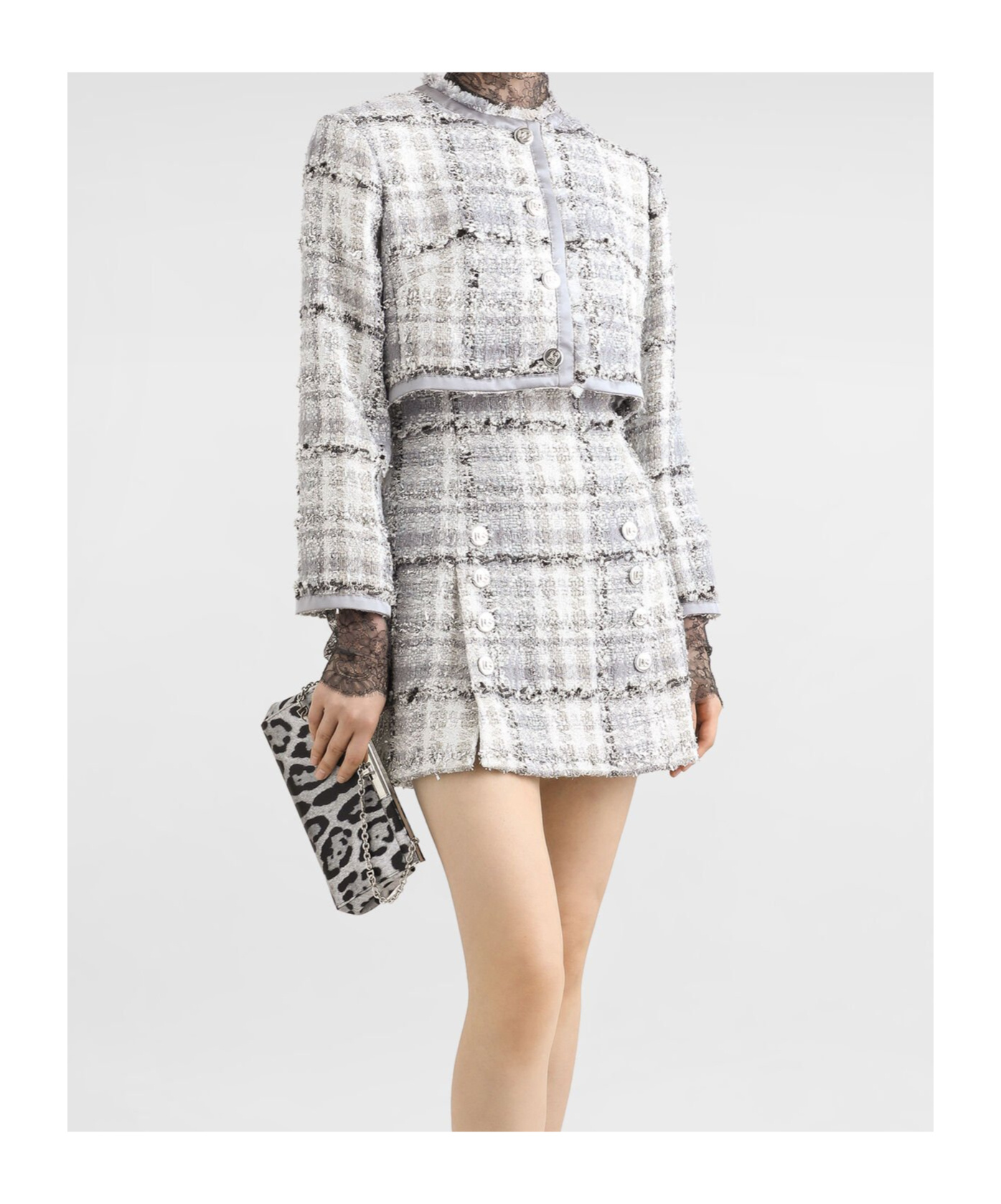 Dolce & Gabbana Gray Short Check Lurex Raschel Tweed Jacket In Grey