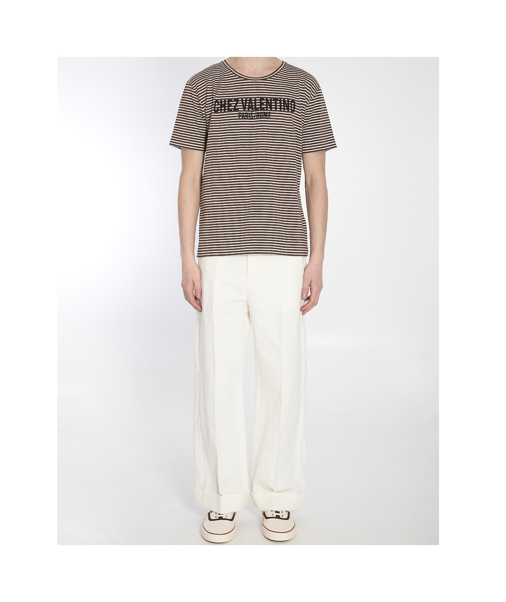 Valentino Striped Cotton T-shirt With Chez Print In White