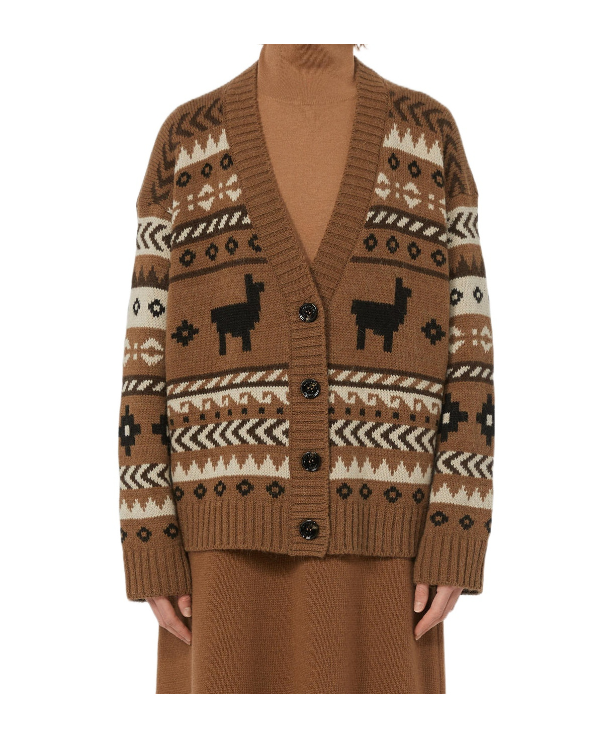 Weekend Max Mara V-neck Cardigan With Ribbed Cuffs And Hem In Brown
