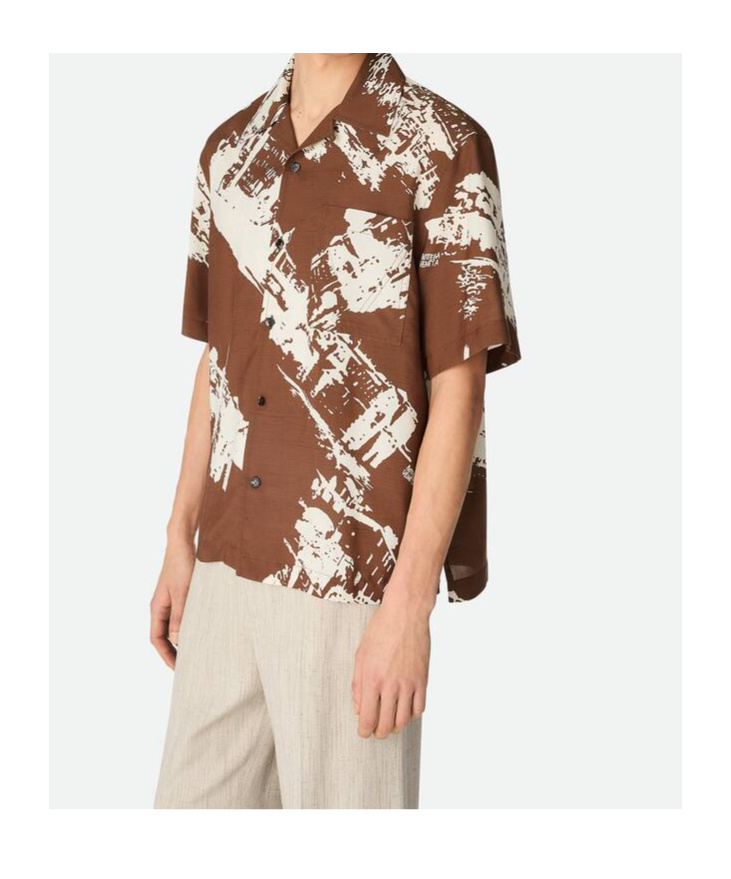 Bottega Veneta Postcard Print Silk Shantung Short Sleeve Shirt In Brown