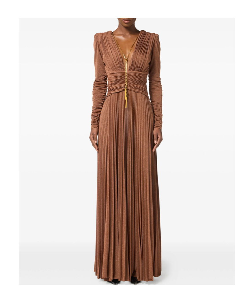 Elisabetta Franchi Red Carpet Dress In Lurex Jersey With Necklace In Animal Print