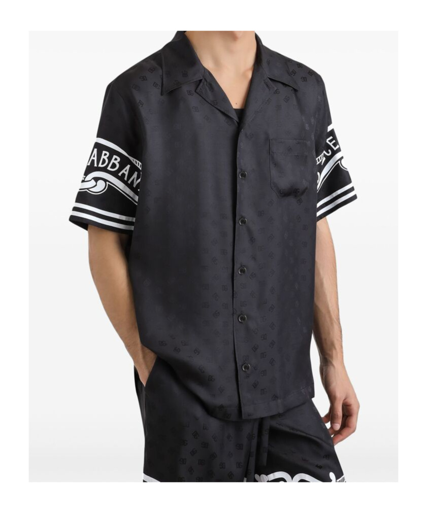 Dolce & Gabbana Black Shirt With Logo Print On The Sleeves In Silk Man In Black