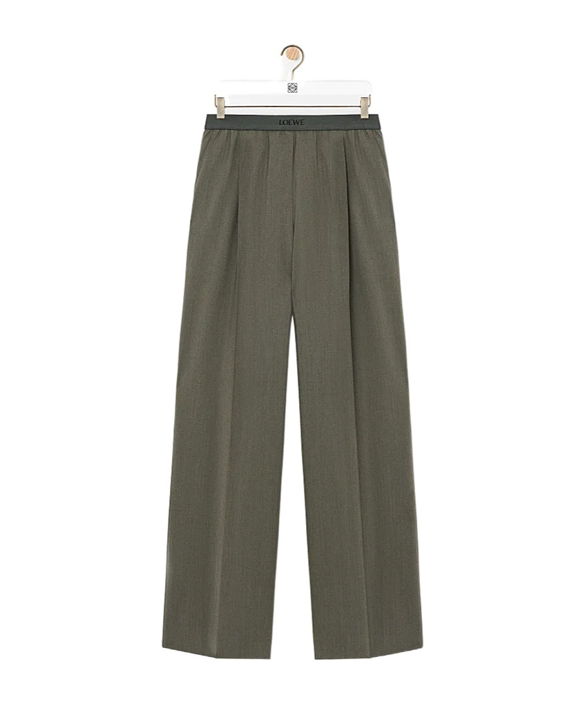 Loewe Womens Khaki Green Logo-waistband Straight-leg Woven Trousers In Black