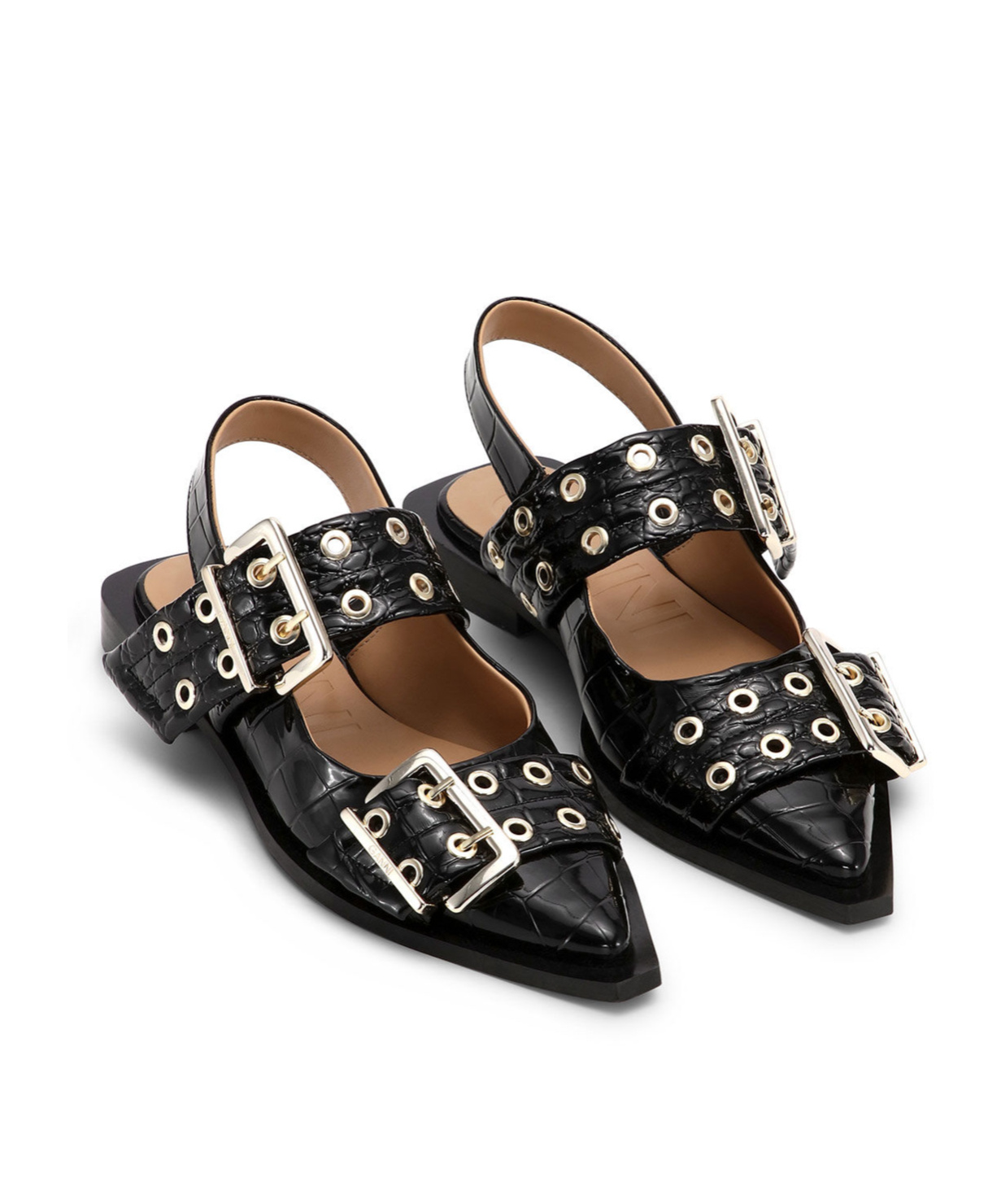 Ganni Embellished Glossed Recycled Point-toe Slingback Flats In Black