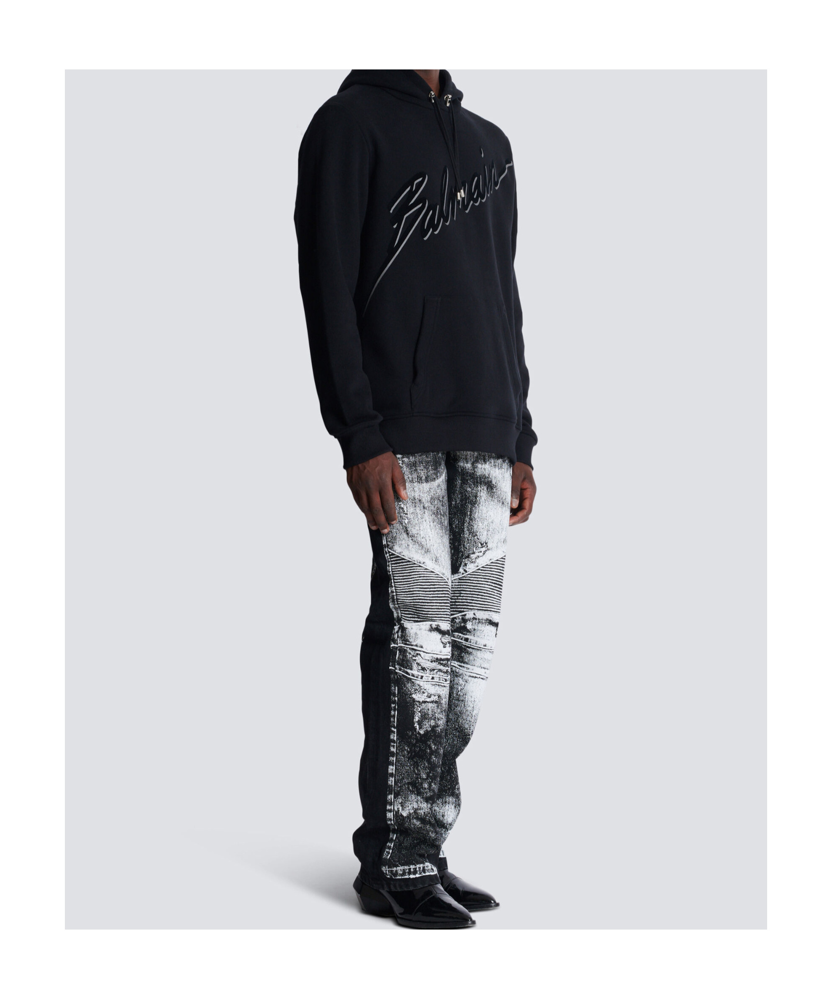 Balmain Cotton Hoodie With Embossed Velvet Logo In Black