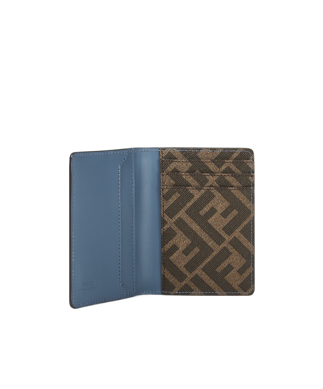 Fendi Brown Leather And Black Ff Canvas Card Holder In Blue