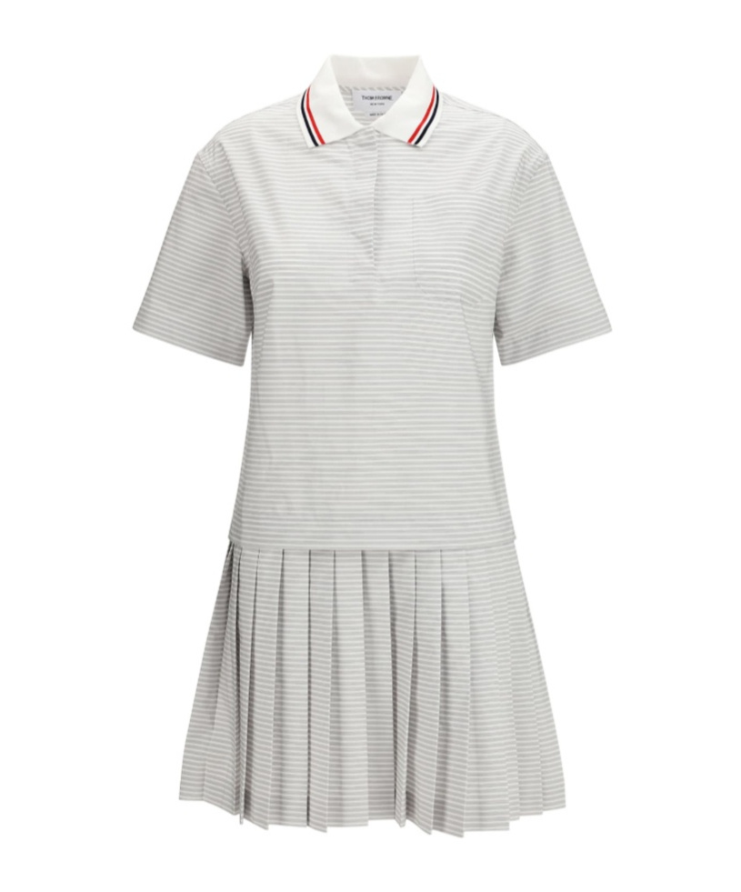 Thom Browne Short-sleeved Striped Polo Mini Dress In Silver