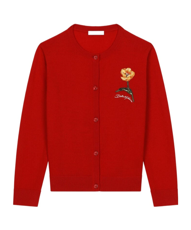Dolce & Gabbana Girl's Shaved Flower Patch Logo-print Cardigan In Red