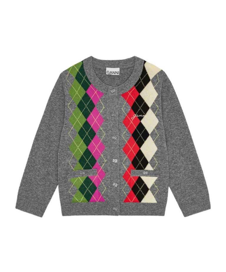 Ganni Argyle-pattern Logo-embroidered Cardigan In Multi