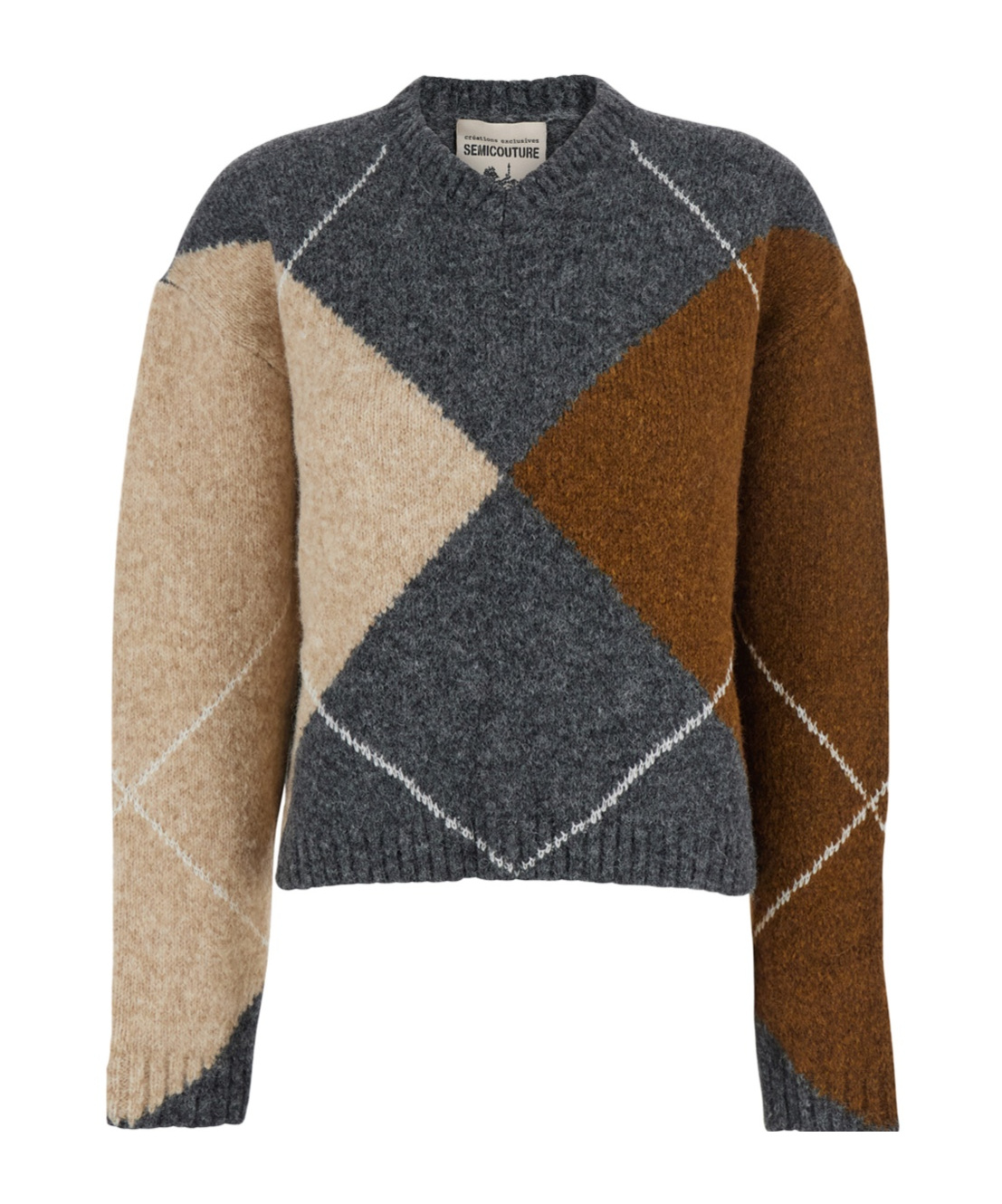 Semicouture Brown Sweater With Round Neck And All-over Argyle Motif In Wool Blend Woman In Multi