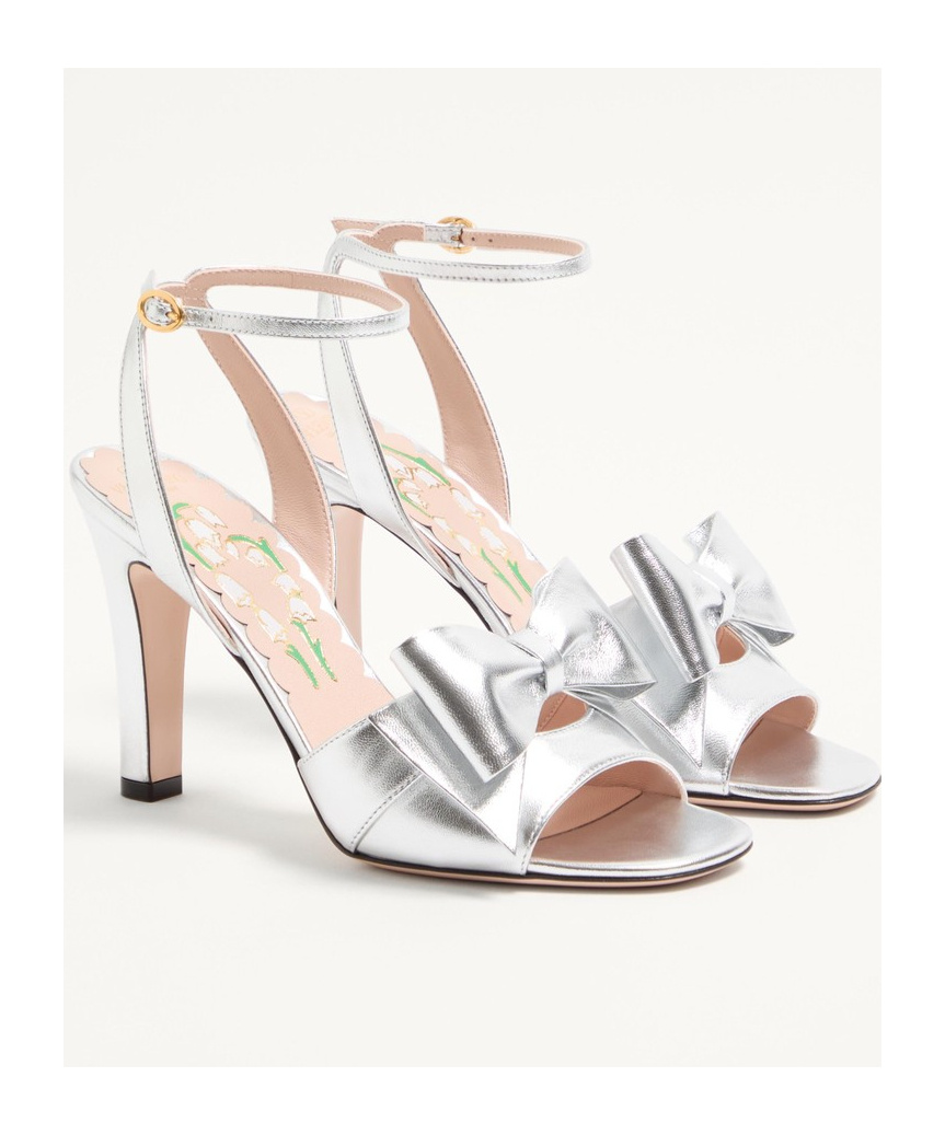 Valentino Bowow Metallic Leather Sandals In White