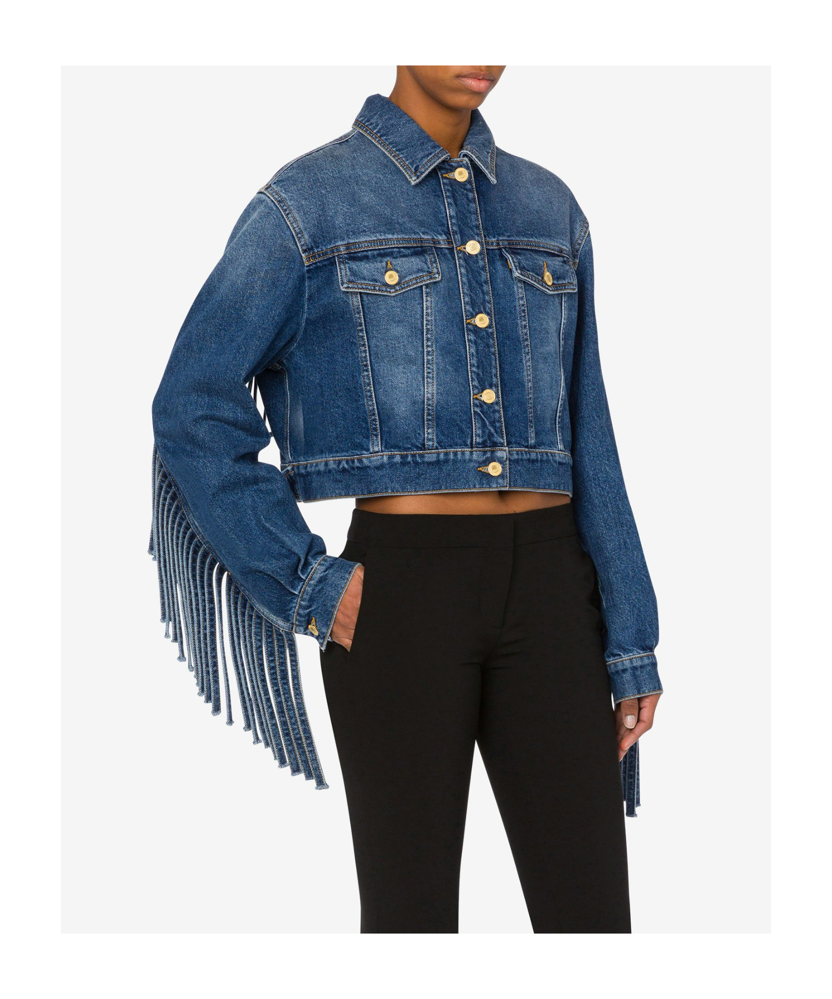 Moschino Fringed Cropped Denim Jacket In Blue