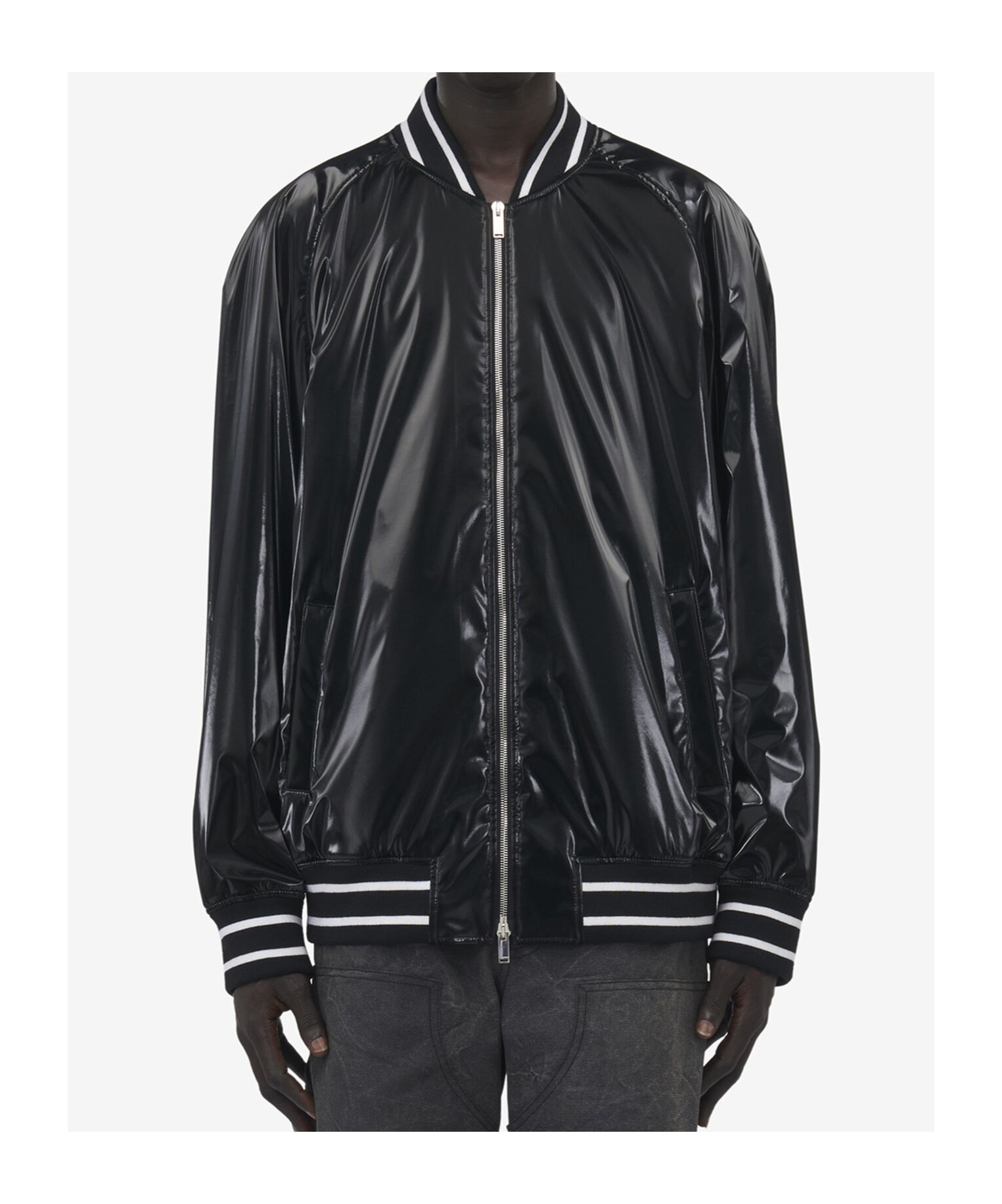 Alexander Mcqueen Solid Color Bomber Jacket With Shine Finish And Striped Edge In Black