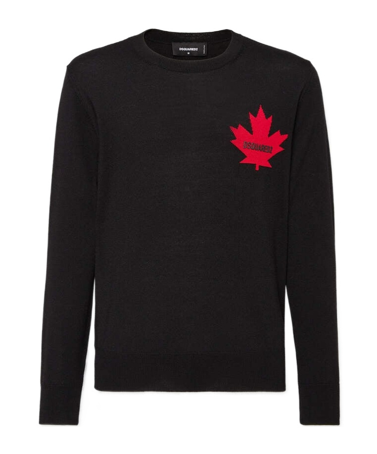Dsquared2 Crewneck Sweater With Maple Leaf Print In Black