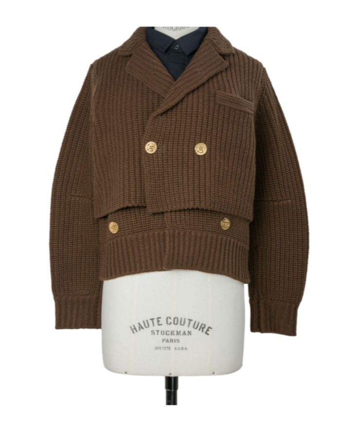 Sacai Long-sleeve Knit Jacket In Brown  Navy Blue
