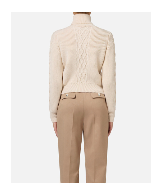 Elisabetta Franchi Chic Beige Long Neck Sweater With Burgundy Logo For Women In Nude