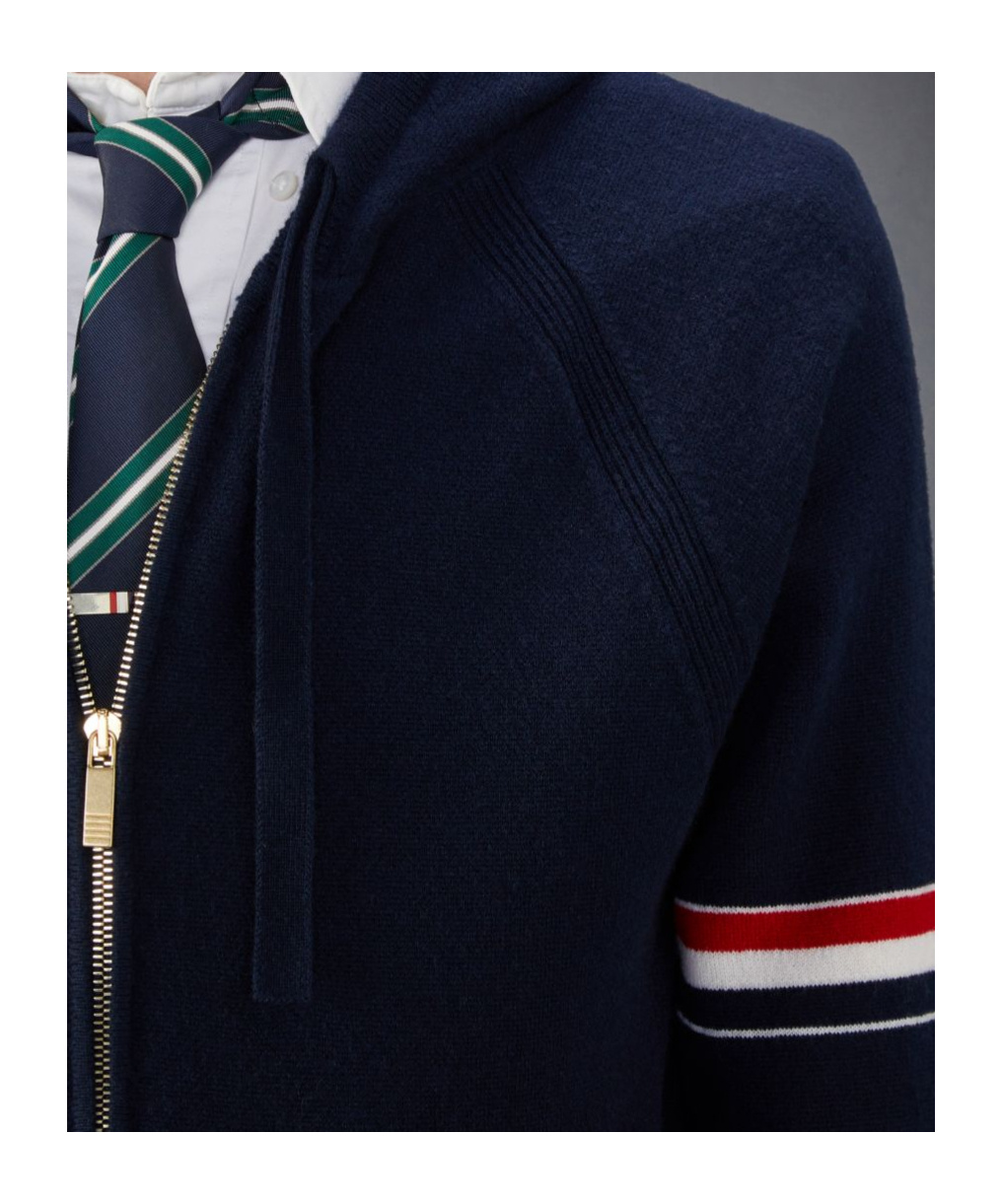 Thom Browne Zip-up Hoodie With Drawstring And Contrast Stripes In Black