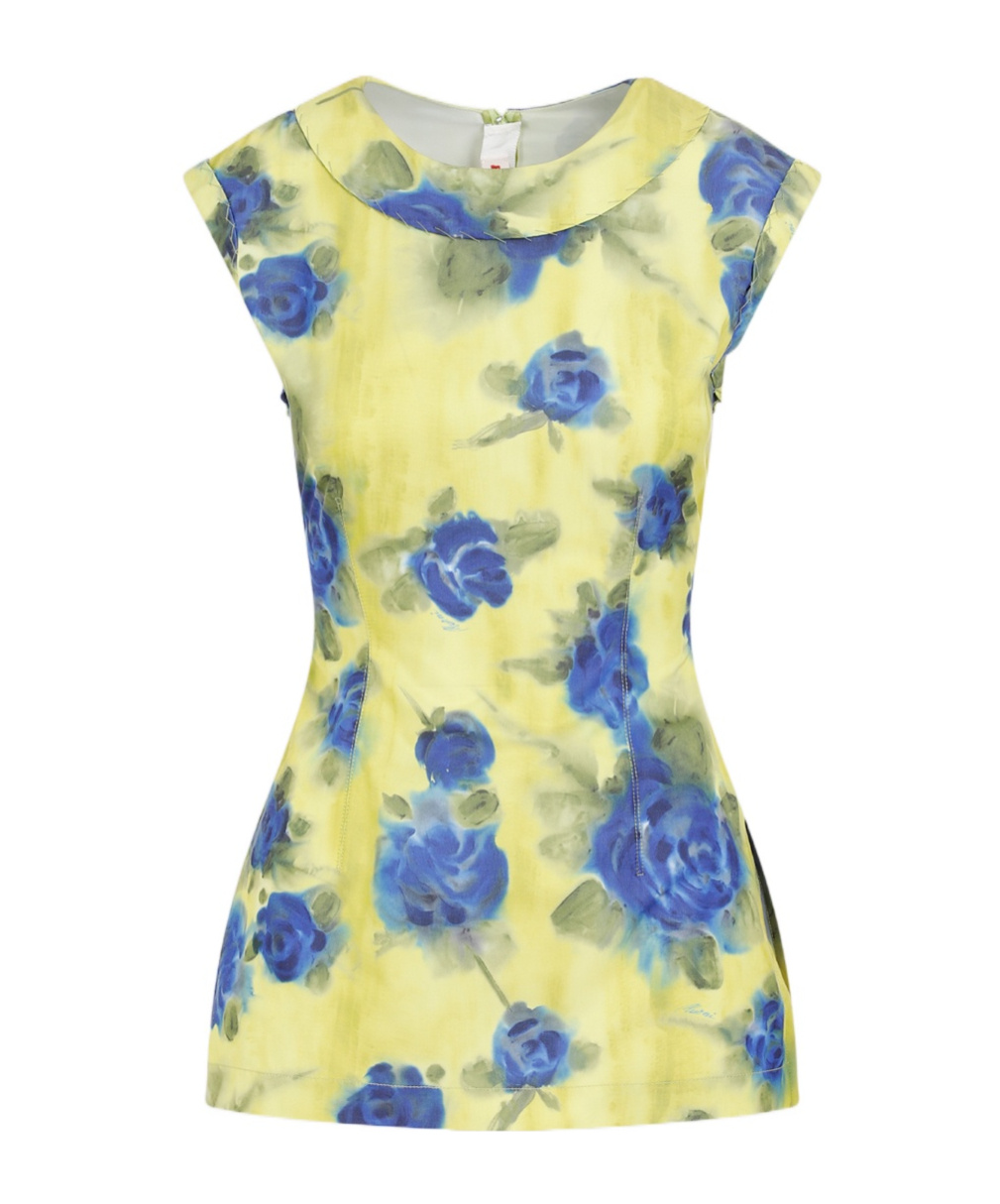 Marni Floral Print Top With Zig-zag Seam Detail In Yellow