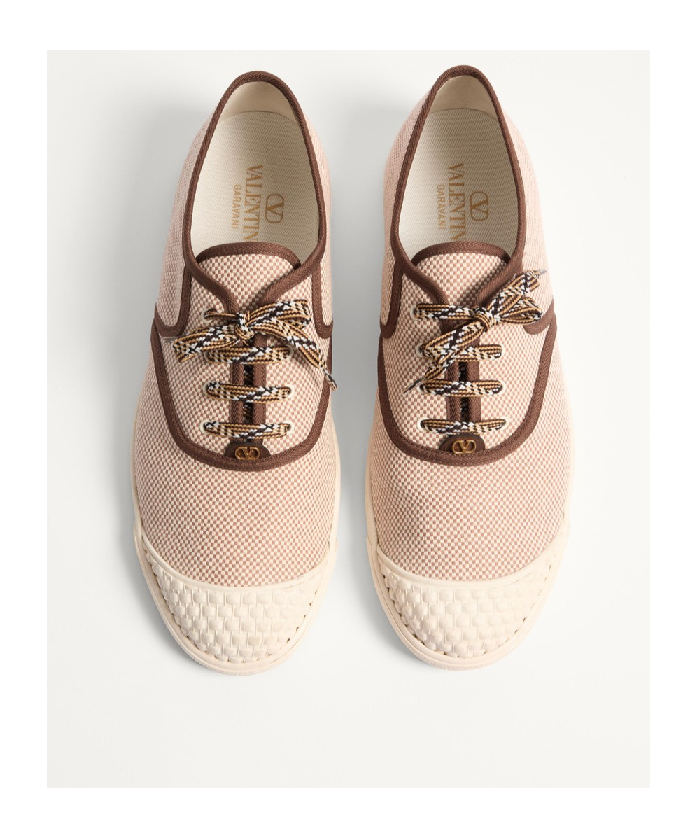 Valentino Bay By Bay Webbing-trimmed Checked Canvas Sneakers In Nude