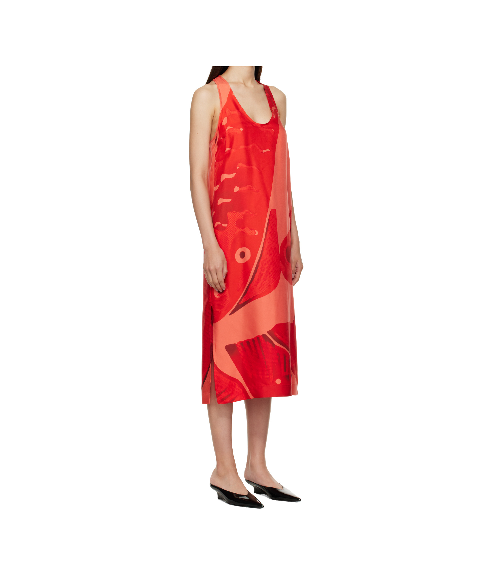 Ferragamo Red Fish Print Silk Maxi Dress In Red
