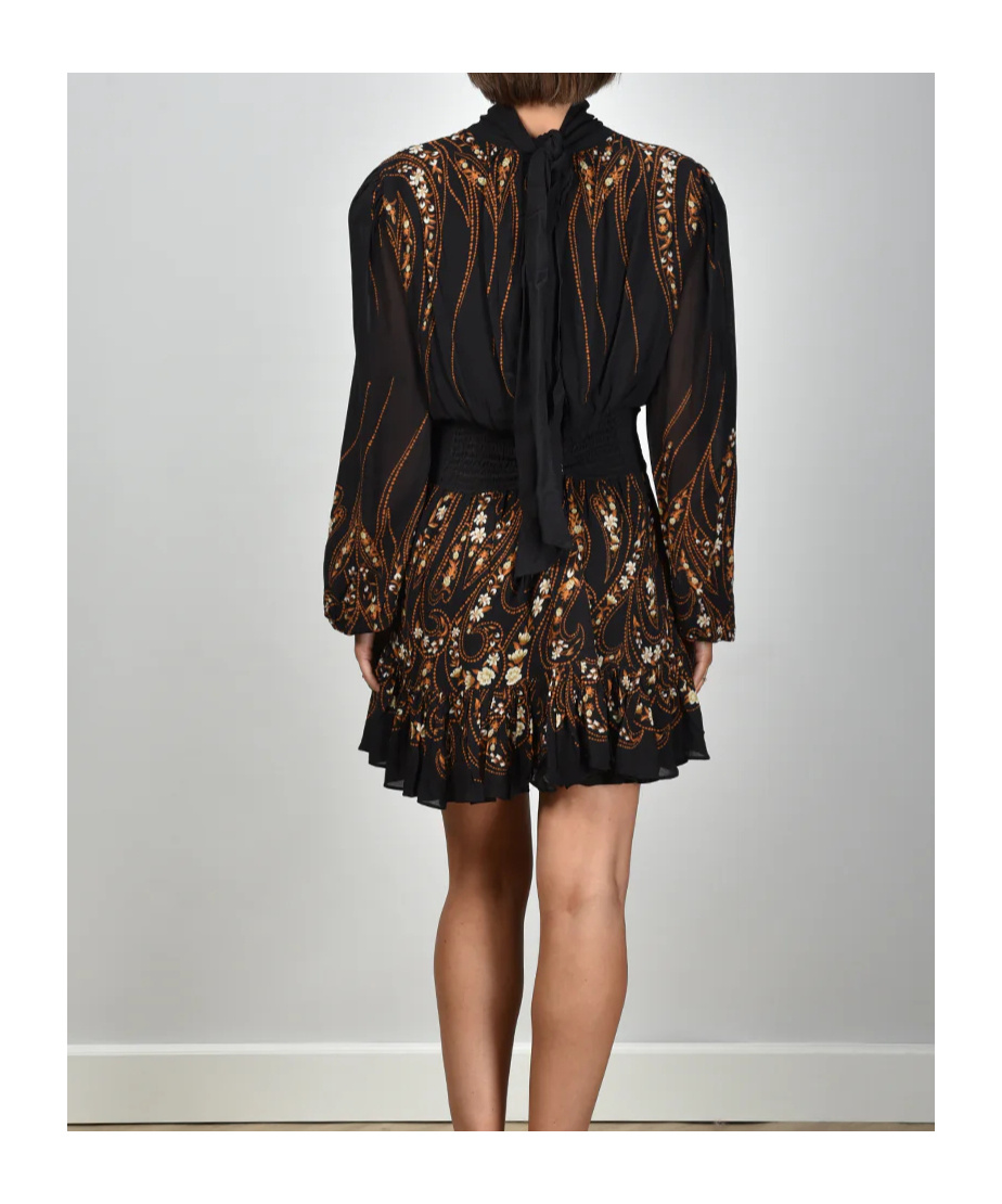 Farm Rio Tie-neck Floral-print Georgette Mini Dress In Black