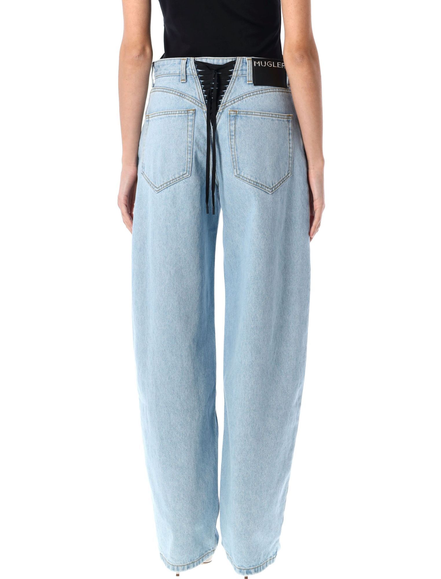 Mugler Lace-up Wide Leg Jeans In Blue