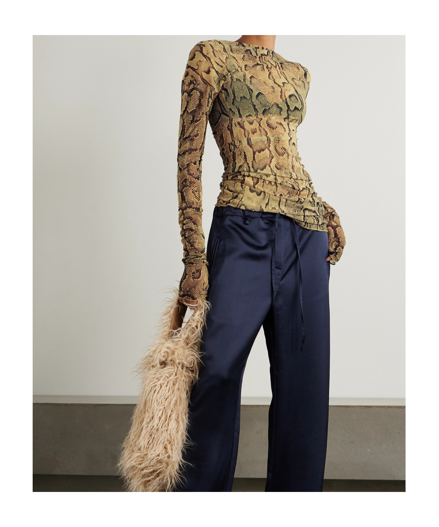 Dries Van Noten Asymmetric Snake-print Stretch-mesh T-shirt In Nude