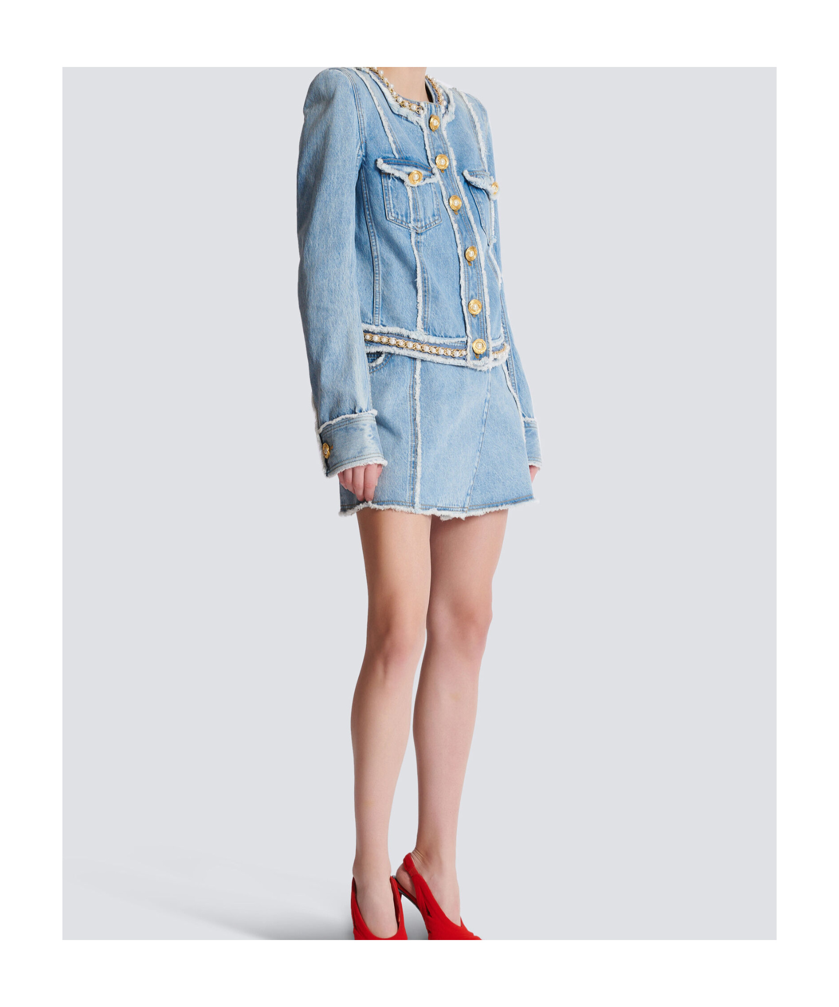 Balmain Faux Pearl-embellished Frayed Denim Jacket