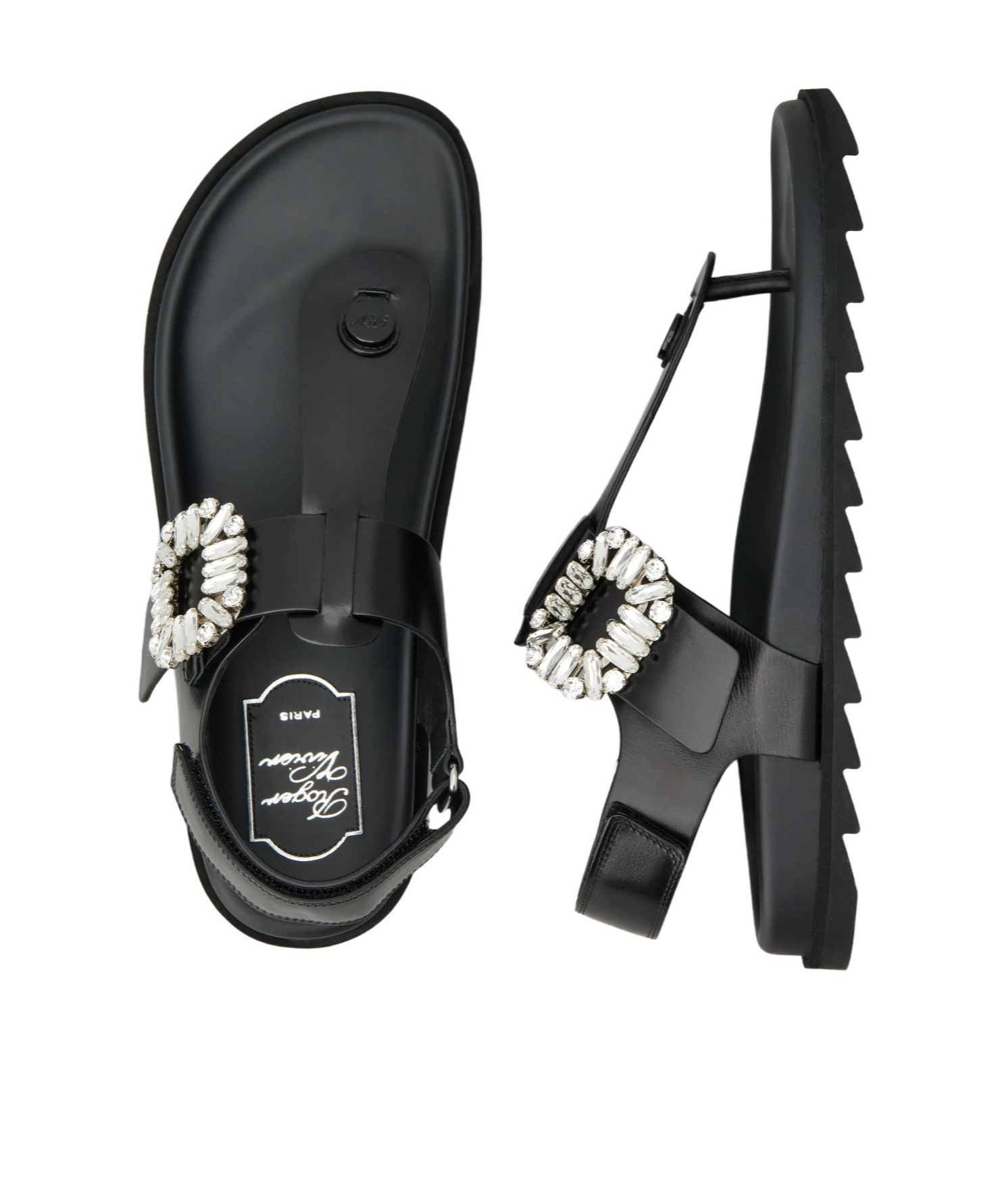 Roger Vivier Elegant Leather Flip Flops With Strass Buckle In Black
