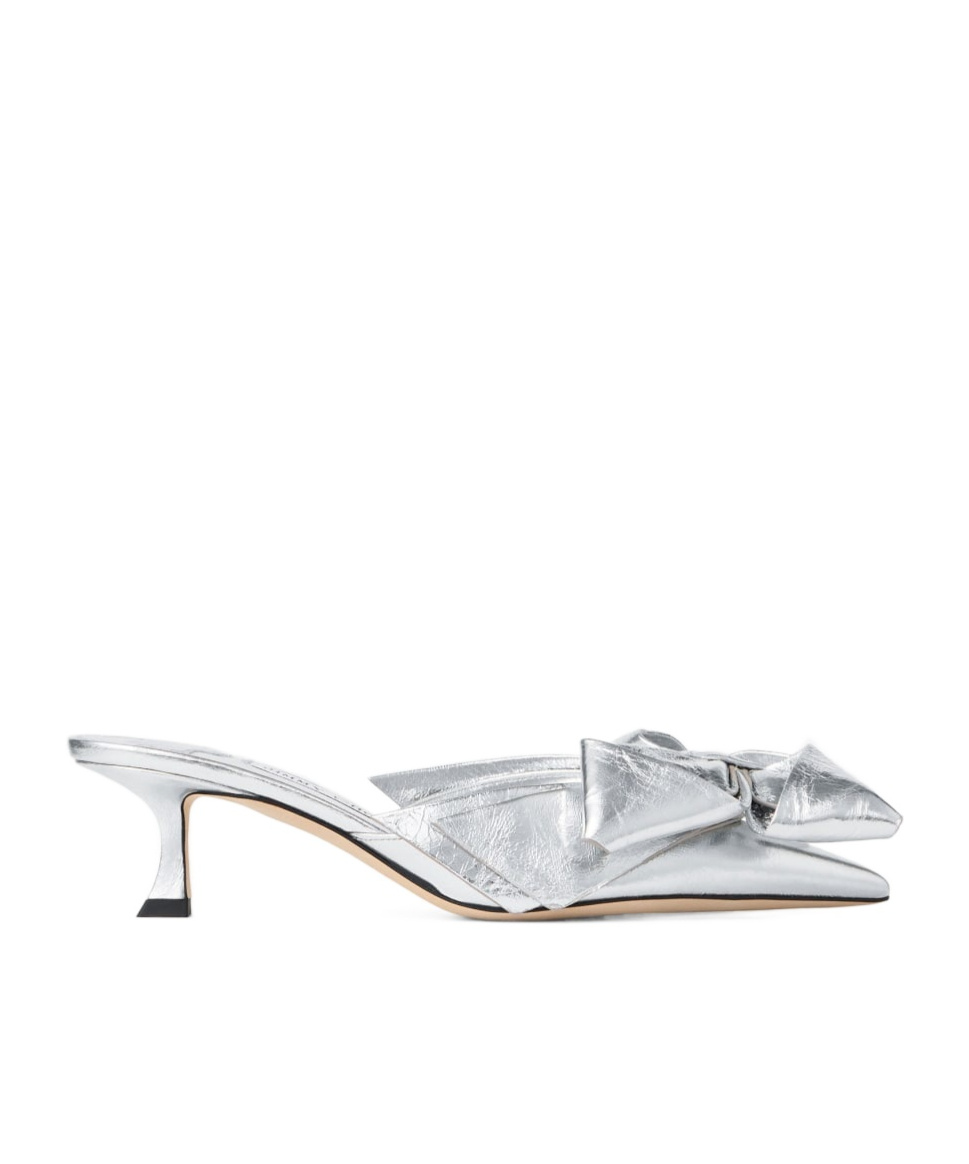 Jimmy Choo Staz Silver Shoe Tac Bow Destal 5cm In White