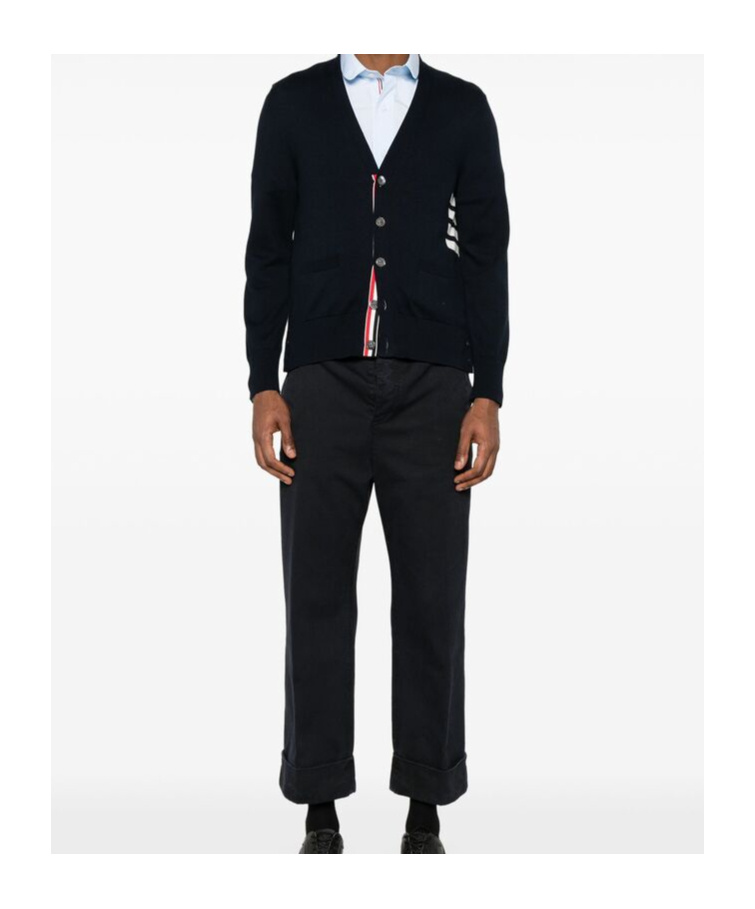 Thom Browne Cotton V-neck Cardigan With 4 Bar Stripe In Black