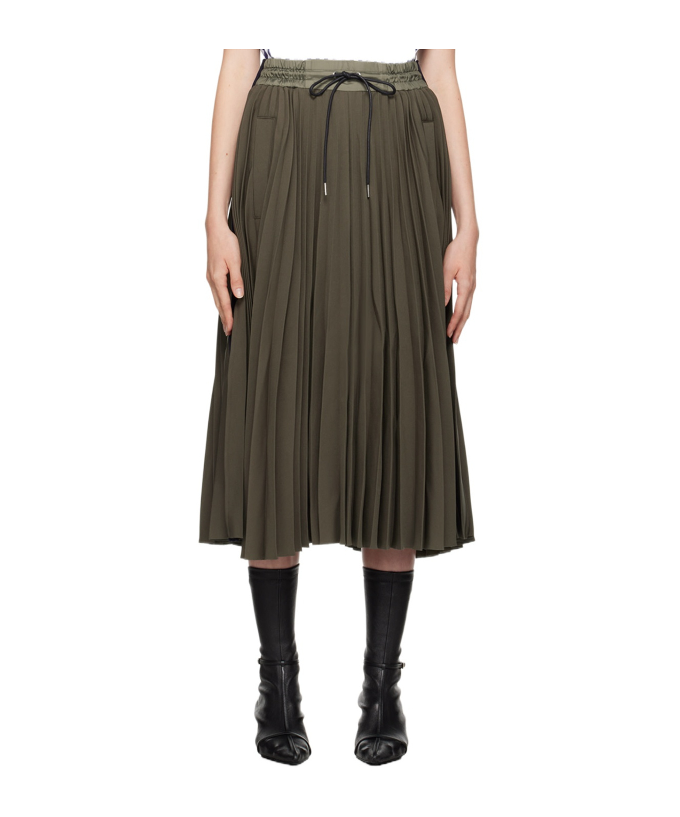 Sacai Ribbed-knit Trimmed Pleated Tech-jersey Midi Skirt In Brown