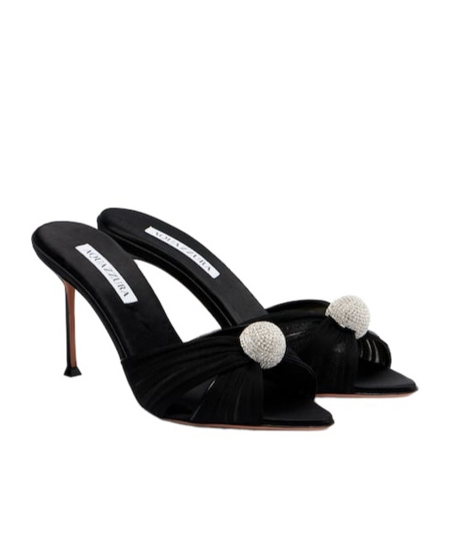 Aquazzura Embellished Leather-trimmed Satin Mules In Black