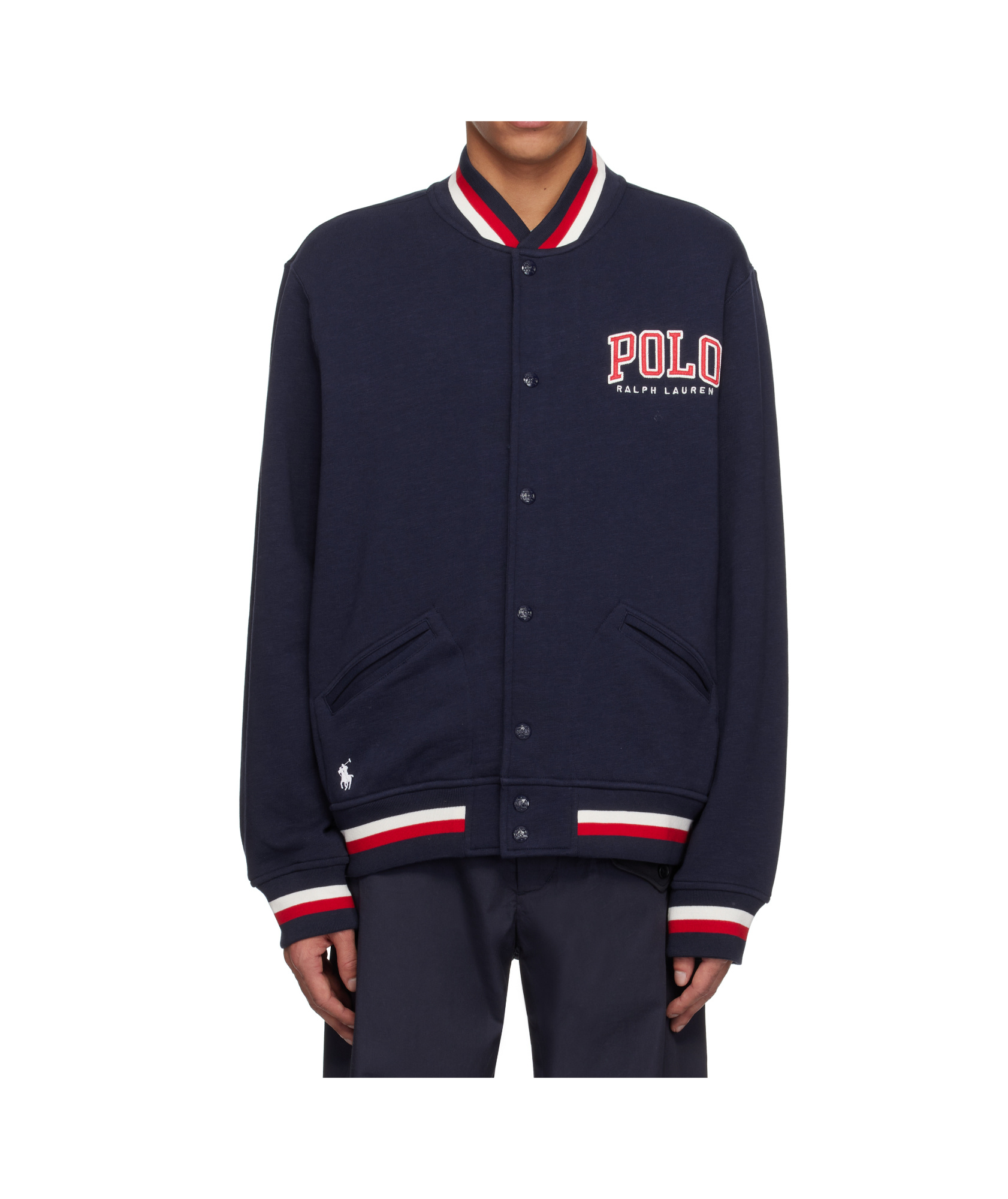 Polo Ralph Lauren Ribbed Collar Striped Detailing Front Pockets Jacket In Navy Blue