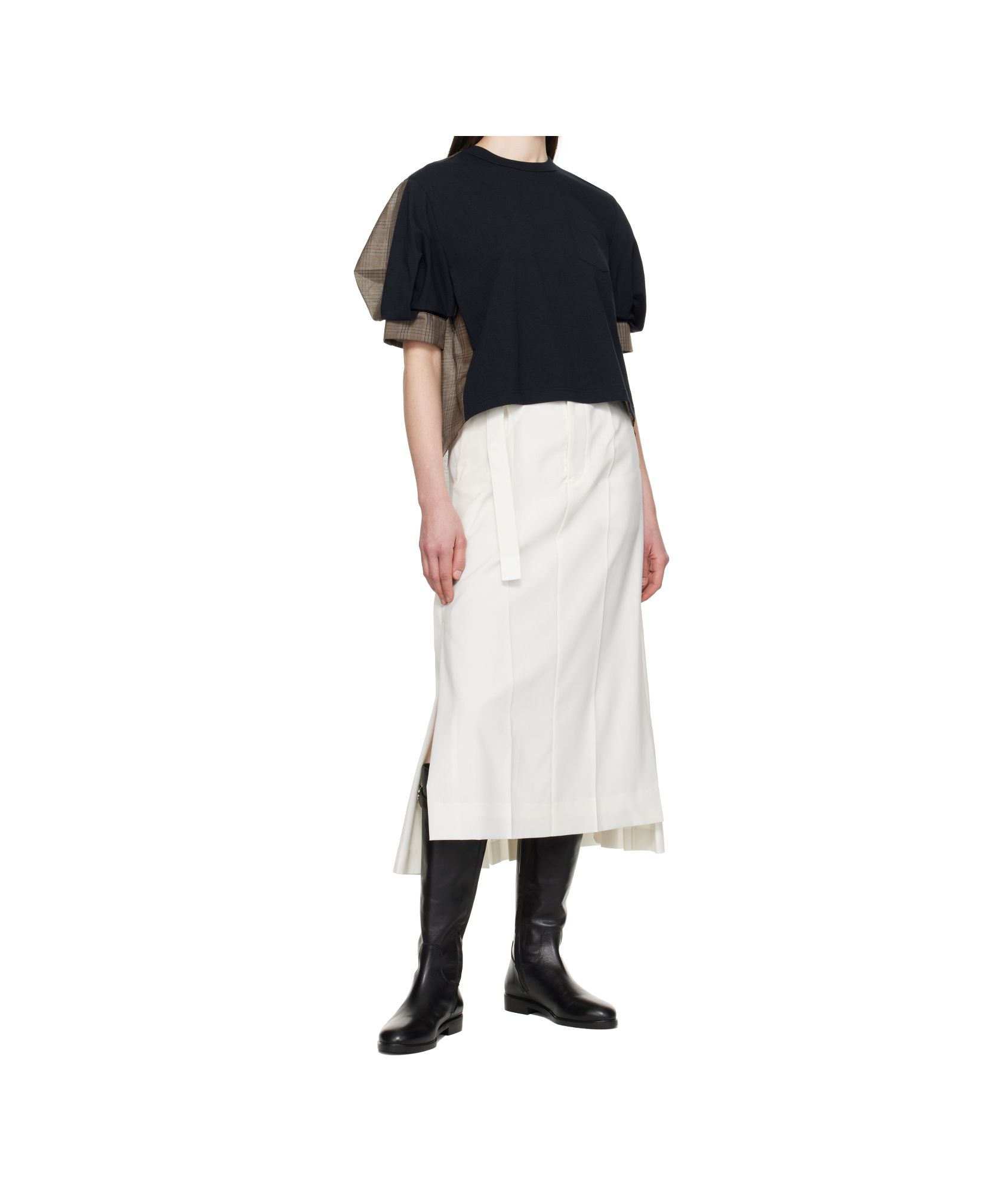 Sacai Contrasting-panel Jersey T-shirt In Navy Blue/brown Textile