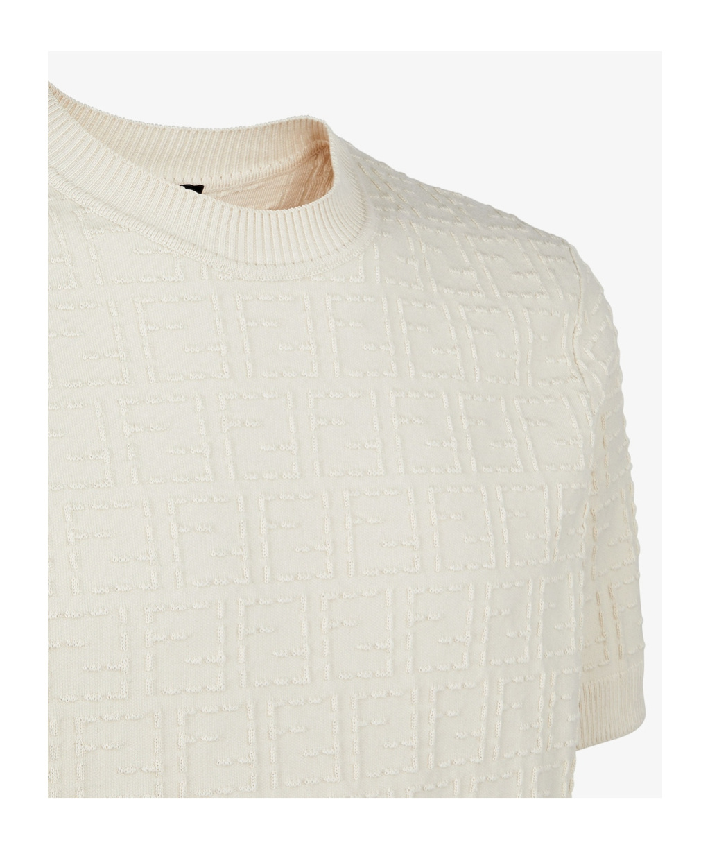 Fendi Men White Crewneck T-shirt With All-over Ff Logo Embroidery In Cotton Man In White