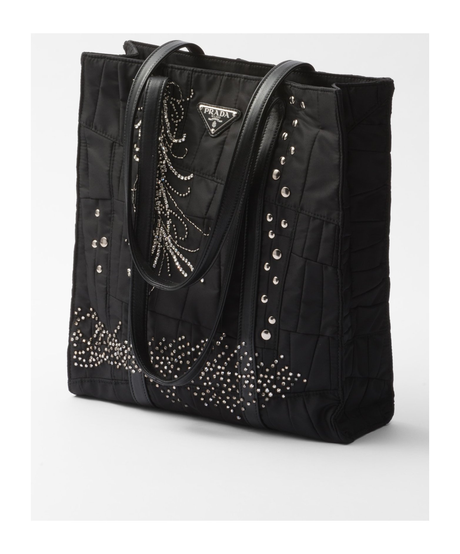 Shop Prada Medium Re-nylon Patchwork Tote Bag With Embroidery In Black
