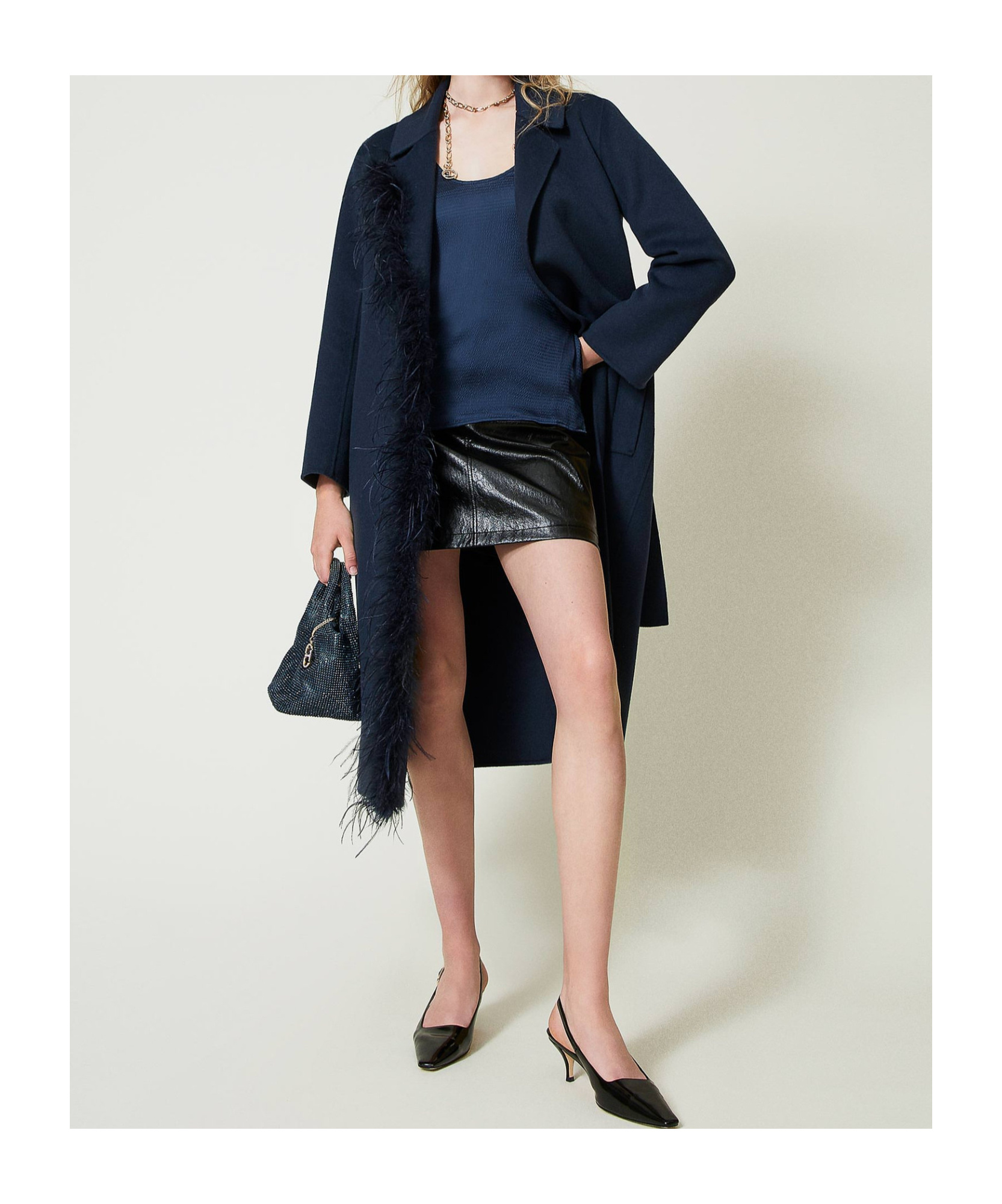 TWINSET FEATHER-TRIM BELTED COAT