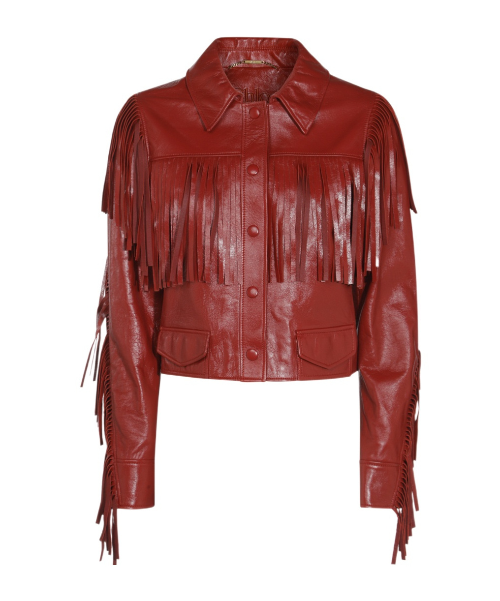 Chloé Fringed Short Leather Jacket In Red